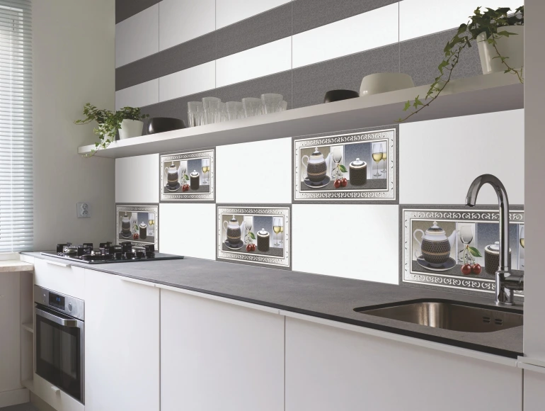 L shape kitchen design featuring white and grey cabinets, decorative tiles, and open shelving.